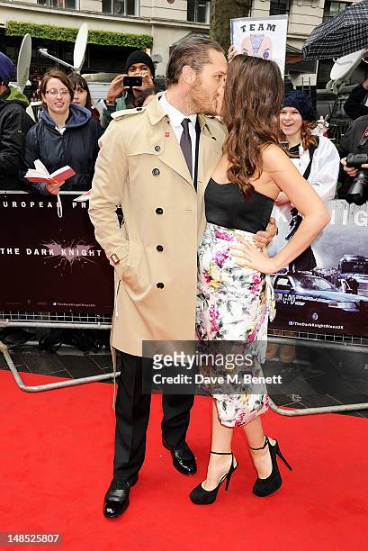 Actor Tom Hardy and Charlotte Riley attend the European Premiere of 'The Dark Knight Rises' at Odeon Leicester Square on July 18, 2012 in London,...