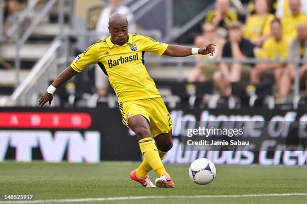 Emilio Renteria of the Columbus Crew controls the ball against Sporting Kansas City on July 14, 2012 at Crew Stadium in Columbus, Ohio.