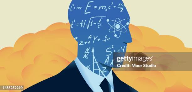 illustrations, cliparts, dessins animés et icônes de silhouette du scientifique avec des formules physiques et une explosion nucléaire en arrière-plan - einstein
