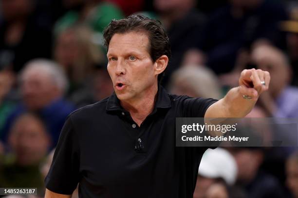 Head coach Quin Snyder of the Atlanta Hawks reacts against the Boston Celtics during the third quarter in game five of the Eastern Conference First...
