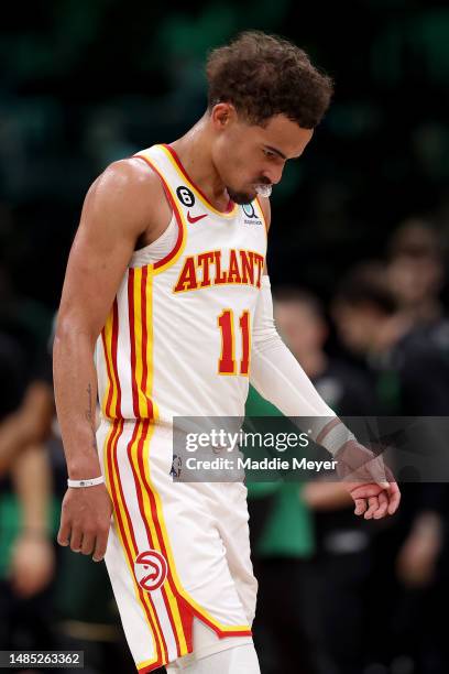 Trae Young of the Atlanta Hawks reacts against the Boston Celtics during the third quarter in game five of the Eastern Conference First Round...