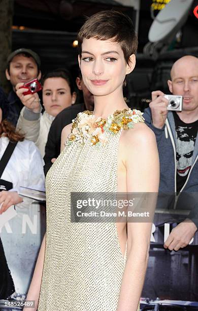 Anne Hathaway attends the European Premiere of 'The Dark Knight Rises' at Odeon Leicester Square on July 18, 2012 in London, England.