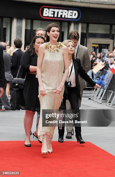 Anne Hathaway attends the European Premiere of 'The Dark Knight Rises' at Odeon Leicester Square on July 18, 2012 in London, England.