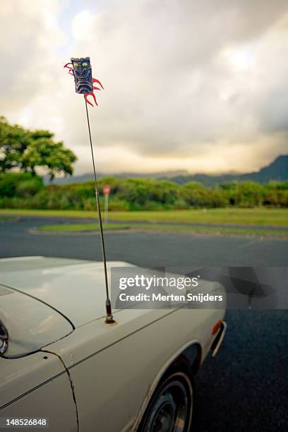 tiki face fastened to car antenna. - クアロア公園 ストックフォトと画像