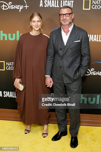 Taylor Neisen and Liev Schreiber attend the premiere of National Geographic's “A Small Light” at Alice Tully Hall, Lincoln Center on April 25, 2023...