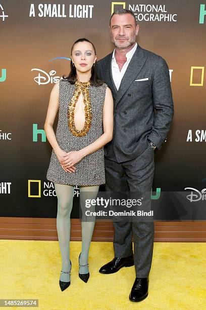 Bel Powley and Liev Schreiber attend the premiere of National Geographic's “A Small Light” at Alice Tully Hall, Lincoln Center on April 25, 2023 in...