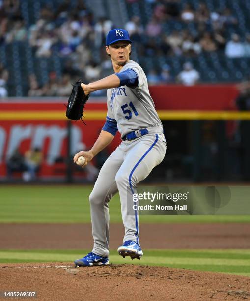 Brady Singer of the Kansas City Royals delivers a first inning pitch against the Arizona Diamondbacks at Chase Field on April 25, 2023 in Phoenix,...