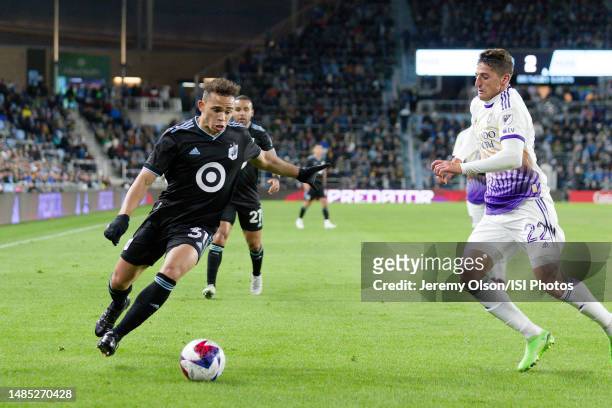 Hassani Dotson of Minnesota United FC with the ball during a game between Orlando City SC and Minnesota United FC at Allianz Field on April 15, 2023...