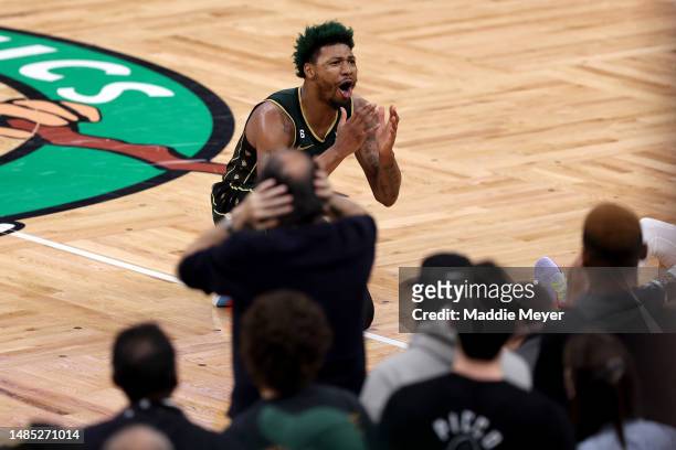 Marcus Smart of the Boston Celtics reacts to a call against the Atlanta Hawks during the fourth quarter in game five of the Eastern Conference First...