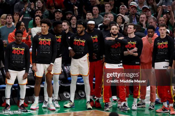 The Atlanta Hawks bench reacts against the Boston Celtics during the fourth quarter in game five of the Eastern Conference First Round Playoffs at TD...