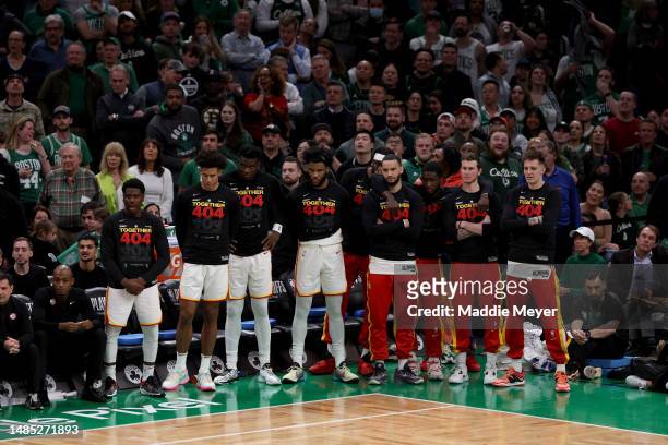 The Atlanta Hawks bench reacts against the Boston Celtics during the fourth quarter in game five of the Eastern Conference First Round Playoffs at TD...