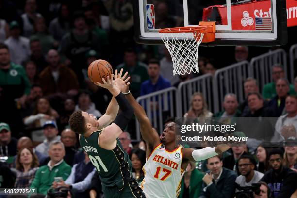 Blake Griffin of the Boston Celtics shoots the ball against Onyeka Okongwu of the Atlanta Hawks during the fourth quarter in game five of the Eastern...