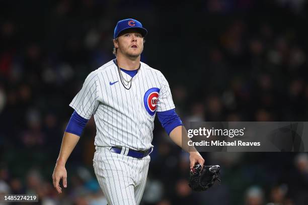 Justin Steele of the Chicago Cubs reacts after being removed from the game during the sixth inning against the San Diego Padres at Wrigley Field on...