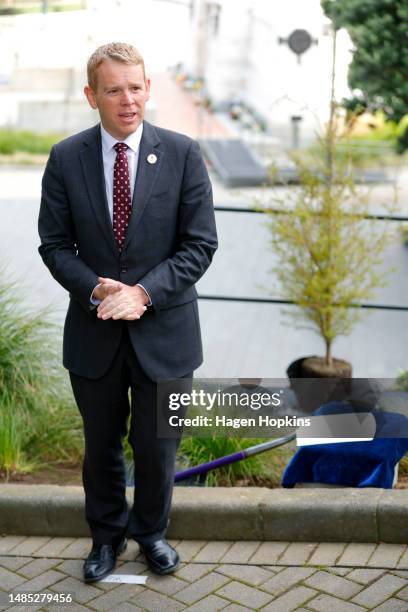 Prime Minister Chris Hipkins speaks during a tree planting ceremony at Parliament on April 26, 2023 in Wellington, New Zealand. A ceremonial tree...