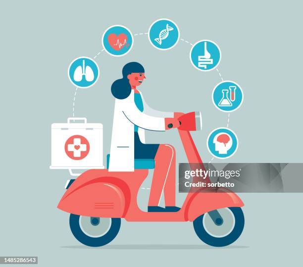 female doctor in uniform riding scooter - pharmacy delivery stock illustrations