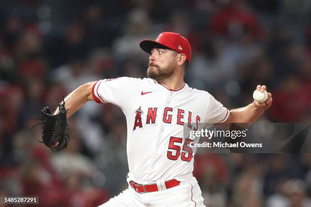 Matt Moore of the Los Angeles Angels pitches against the Oakland Athletics during the seventh inning at Angel Stadium of Anaheim on April 25, 2023 in...