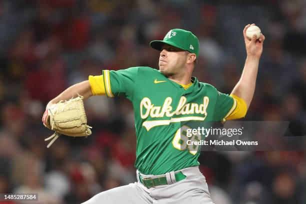 Sam Long of the Oakland Athletics pitches against the Los Angeles Angels during the seventh inning at Angel Stadium of Anaheim on April 25, 2023 in...