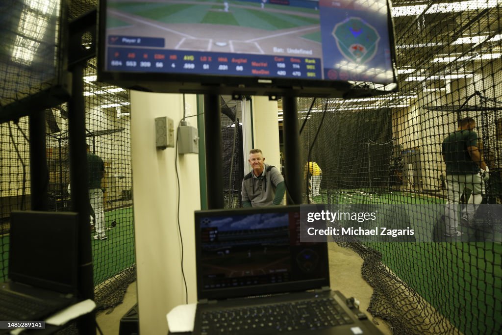 Coch Rack Hitting Assistant Hitting Coach Chris Cron of the Oakland Athletics in the ...