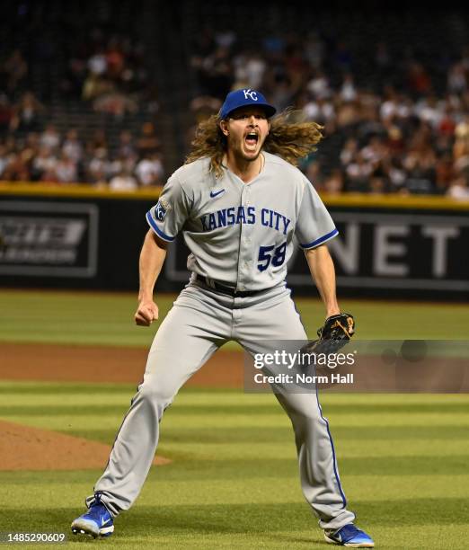 Scott Barlow of the Kansas City Royals reacts after getting the last out of the game against the Arizona Diamondbacks to win 5-4 at Chase Field on...