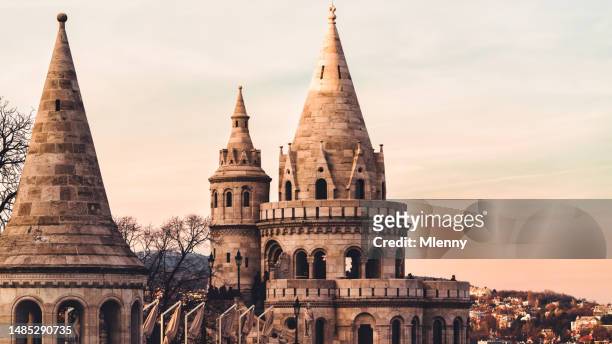 hungary fishermen's bastion halászbástya budapest lookout tower at twilight - mlenny stock pictures, royalty-free photos & images
