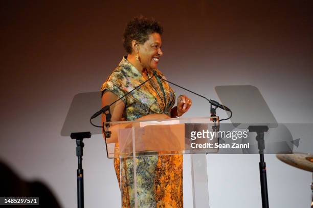 Carrie Mae Weems speaks onstage at the 2023 Brooklyn Artists Ball made possible by Dior at Brooklyn Museum on April 25, 2023 in Brooklyn, New York.