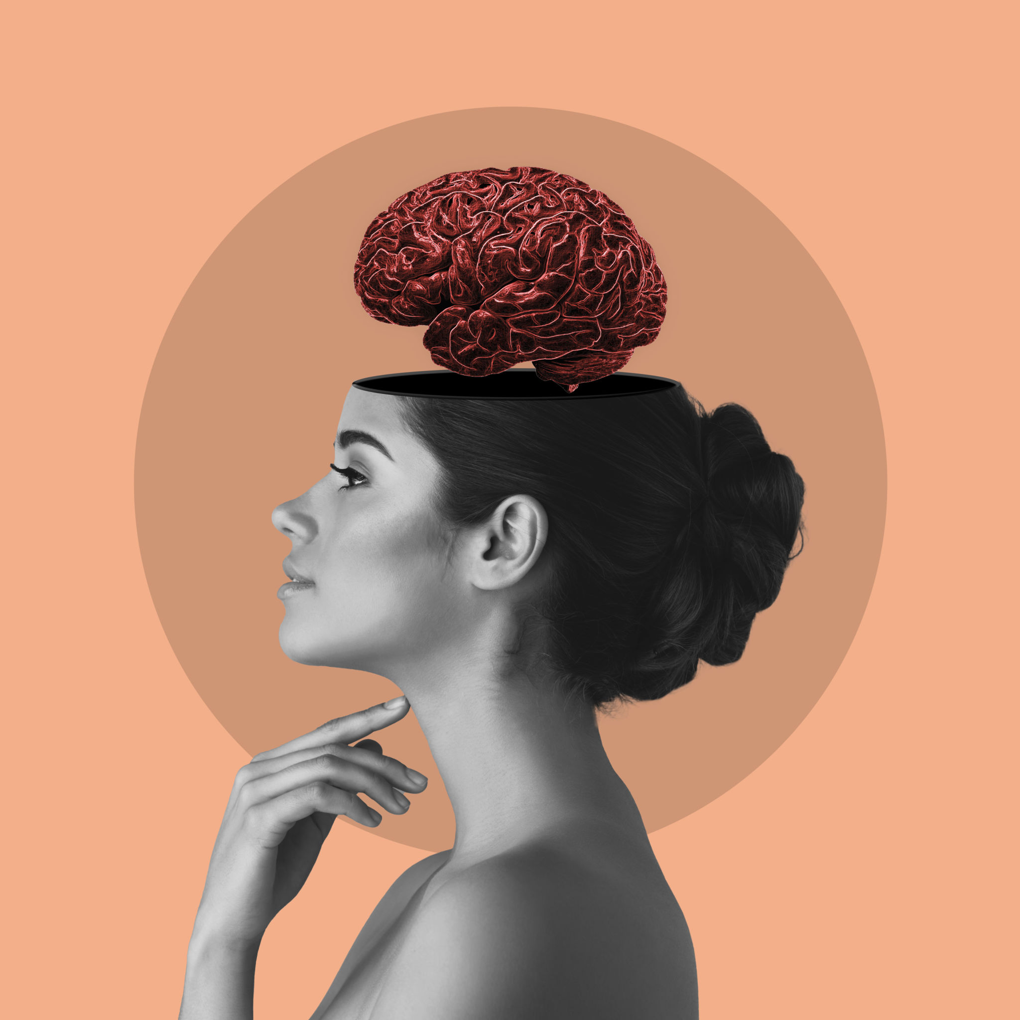 Digital art, thinking and profile of woman brain on orange background with ideas, inspiration and innovation. Creative mind, psychology and face of girl for intelligence, brainstorming and knowledge Digital art, thinking and profile of woman brain on orange background with ideas, inspiration and innovation. Creative mind, psychology and face of girl for intelligence, brainstorming and knowledge