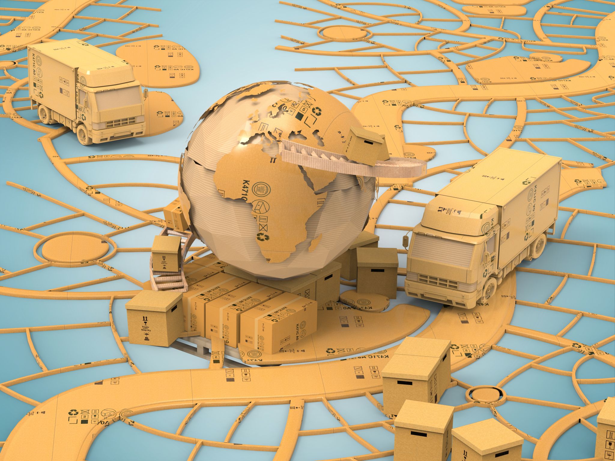 Carton world map. Global logistics, shipping and worldwide delivery business, 3d illustration concept, world supply chain Carton world map. Global logistics, shipping and worldwide delivery business, 3d illustration concept, world supply chain