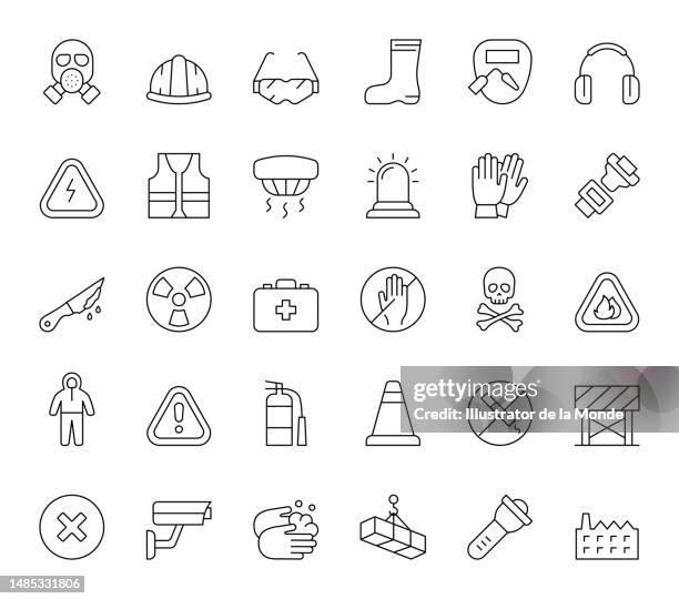work safety line icon set - caution icon stock illustrations