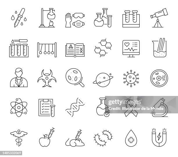 science line icon set - 30 editable stroke vector illustrations - animal testing stock illustrations