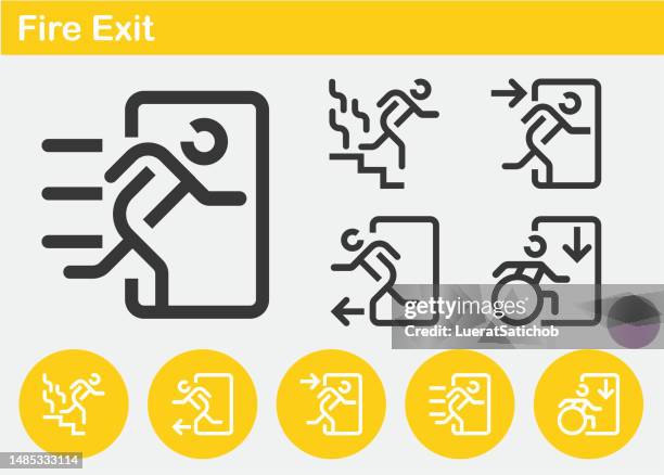 fire exit, sign, accessible exit, wheelchair, running, disability, evacuation fire safety, symbo, icon disability, navigation, leave, door, exit, emergency exit, escape minimal line icons - fire door office stock illustrations