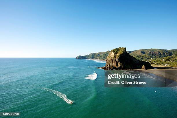piha beach and lion rock. - new zealand boats auckland stock pictures, royalty-free photos & images