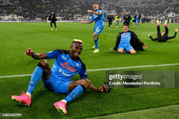 Victor Osimhen, Giovanni Di Lorenzo and Hirving Lozano of SSC Napoli celebrate the victory at the end of the Serie A football match between Juventus...