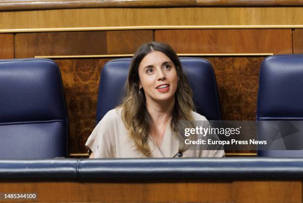 The Minister of Equality, Irene Montero, during a session of control to the Government, in the Congress of Deputies, on 26 April, 2023 in Madrid,...