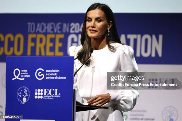 Queen Letizia during the 9th European Conference "Tobacco or Health" at Ifema, on April 26 in Madrid, Spain. This is an impetus for political and...