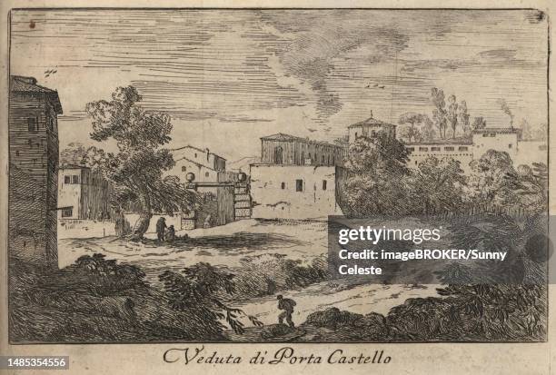 stockillustraties, clipart, cartoons en iconen met porta castello, 1767, rome, italy, digital reproduction of an 18th century original, original date unknown - castelo