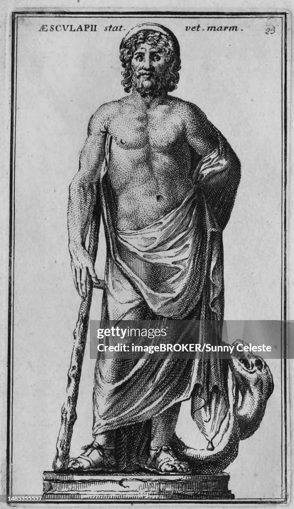 The Roman god Asclepius, marble statue from ancient Rome, Italy, digital reproduction of an original from the 18th century, original date not known