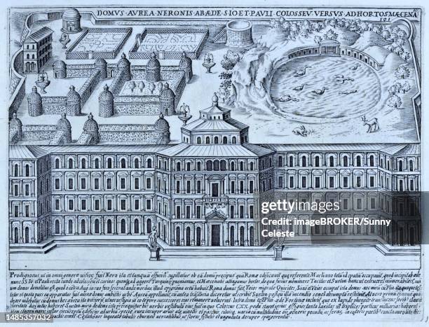 domus aurea neronis abaede s. io et pauli colosseu versus ad hortos maecena, the domus aurea or golden house was a large landscaped villa built by emperor nero, historic rome, italy, digital reproduction of a 17th century original, original date unknown - versus stock illustrations