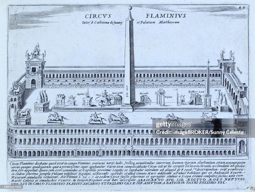 The Circus Flaminius. The Circus Flaminus did not have fixed seating like the Circus Maximus, which made its use more flexible. It was located on the Campus Flaminius, historical Rome, Italy, digital reproduction of an original 17th-century design