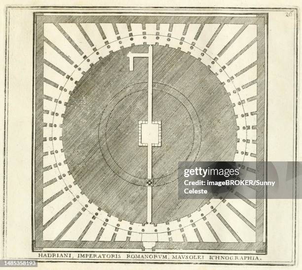 stockillustraties, clipart, cartoons en iconen met geometric plan of the mausoleum of emperor hadrian, which is now castel sant'angelo, historical rome, italy, digital reproduction of an original 17th century template, original date unknown - castelo