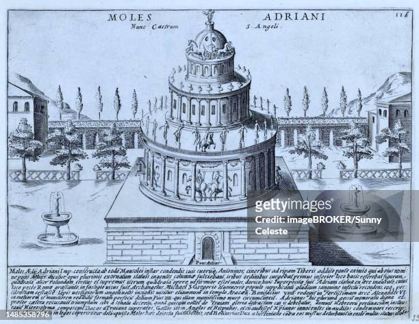moles adriani nunc castrum s. angeli, the castle of st. angelo was originally designed by the architect demitriano as a mausoleum for the emperor hadrian and completed in 129 ad, historical rome, italy, digital reproduction of an original 17th century - castelo stock-grafiken, -clipart, -cartoons und -symbole