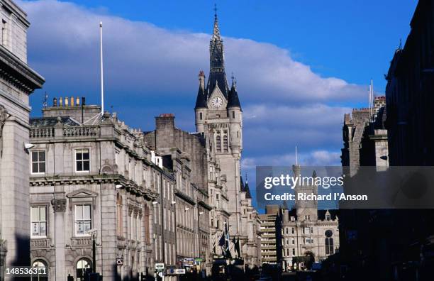 view along union street to the citadel and mercat cross. - aberdeen stock pictures, royalty-free photos & images