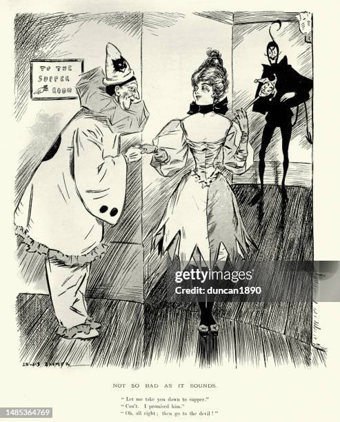 cartoon, man asking woman out, rejection, the clown, harlequin and the devil, victorian humour, 19th century - flirting stock illustrations
