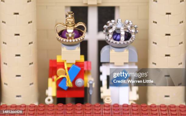 The Coronation of King Charles III is depicted in Lego during a photocall at Legoland Windsor on April 26, 2023 in Windsor, England. To celebrate...