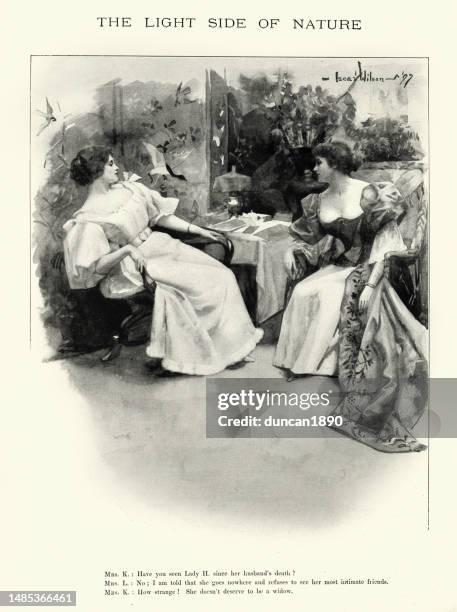 vintage illustration of two women talking about their friend, victorian cartoon, 1890s, 19th century - widow stock illustrations