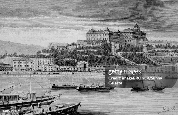 the castle of budapest, hungary, historic, digital reproduction of an original 19th century artwork - castelo stock-grafiken, -clipart, -cartoons und -symbole