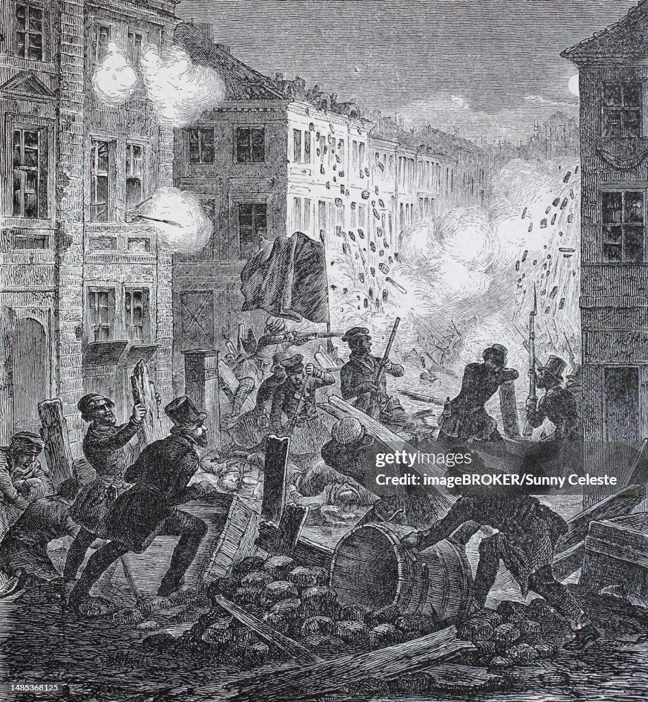 Barricade fight in front of the Koellnischen Rathaus in Berlin, Germany, 1848-1849, Historic, digitally restored reproduction of a 19th century original, exact original date unknown