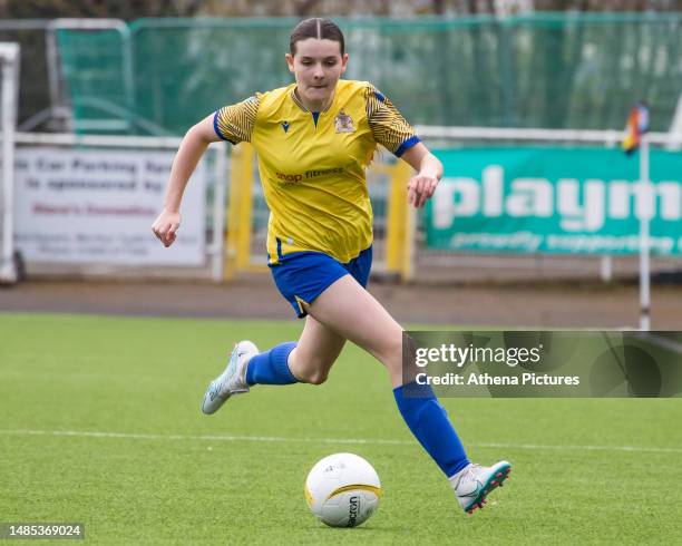 Erin Kay of Barry Town United attacks during the FAW Girls Cup Final match between Barry Town United and Abergavenny at Penydarren Park on April 23,...