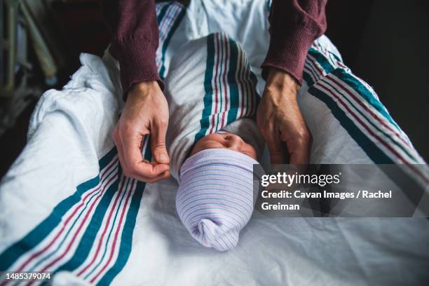 adult fixing newborn baby's hat in hospital - baby blanket stock pictures, royalty-free photos & images