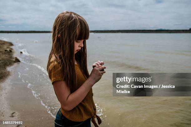 young girl looking at a rock on lake shore - denver summer stock pictures, royalty-free photos & images