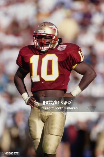 Derrick Brooks, Linebacker for the Florida State Seminoles during the NCAA Atlantic Coast Conference college football game against the Notre Dame...